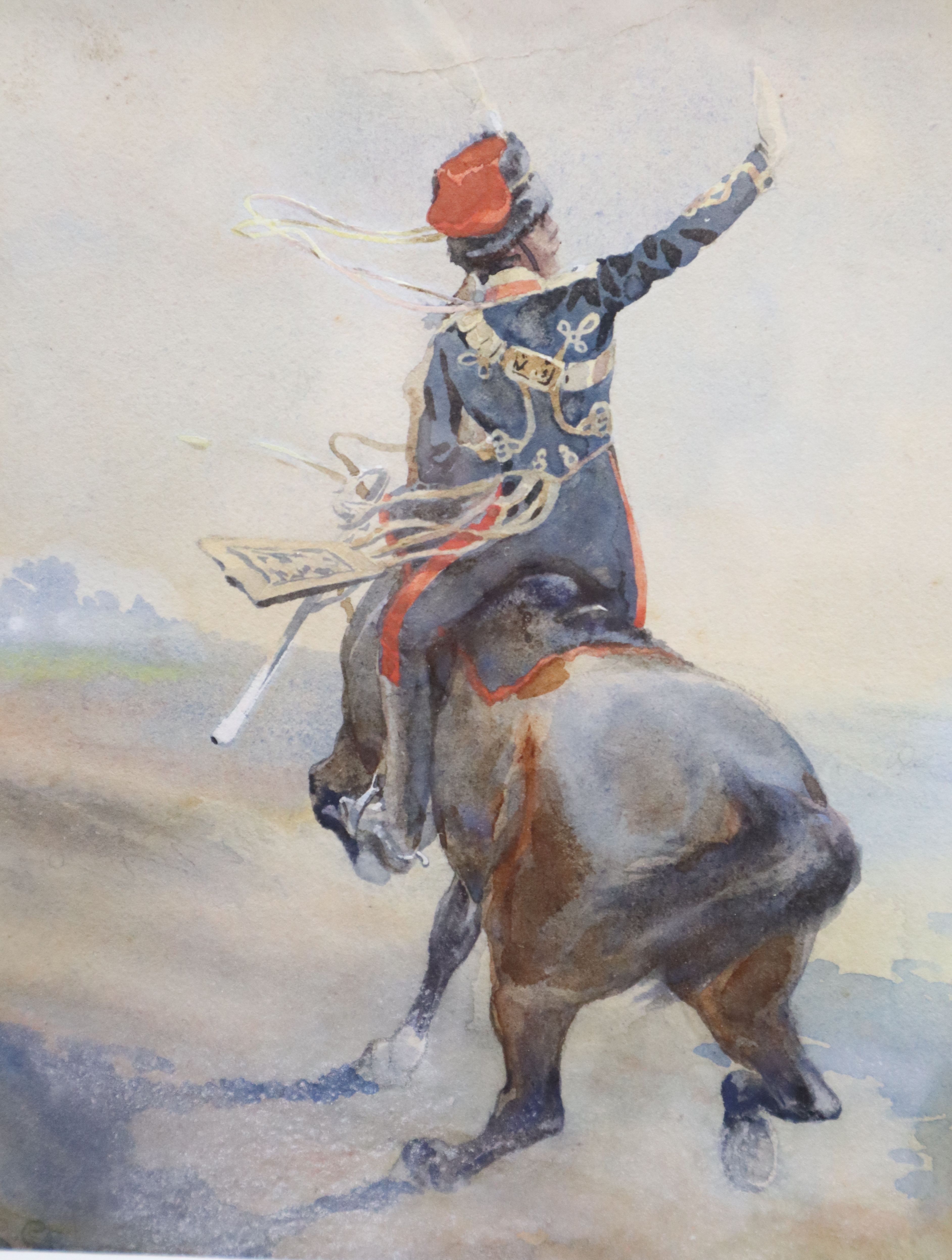George Clark (1832-1894), pair watercolours, Hussars on horseback, signed